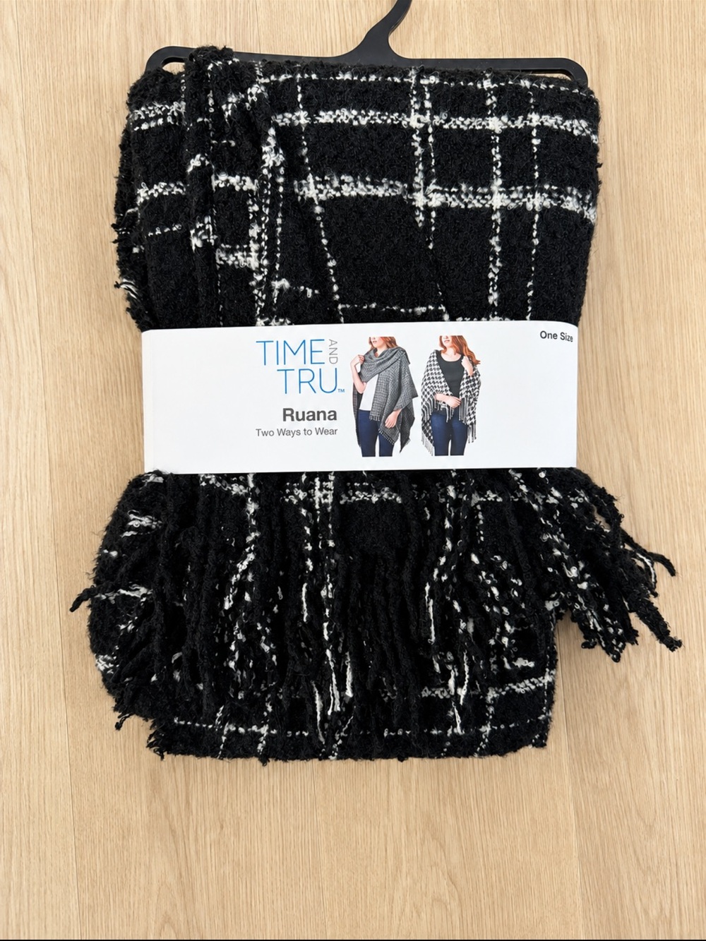 Time and Tru Black & White Plaid Ruana with Fringe NWT